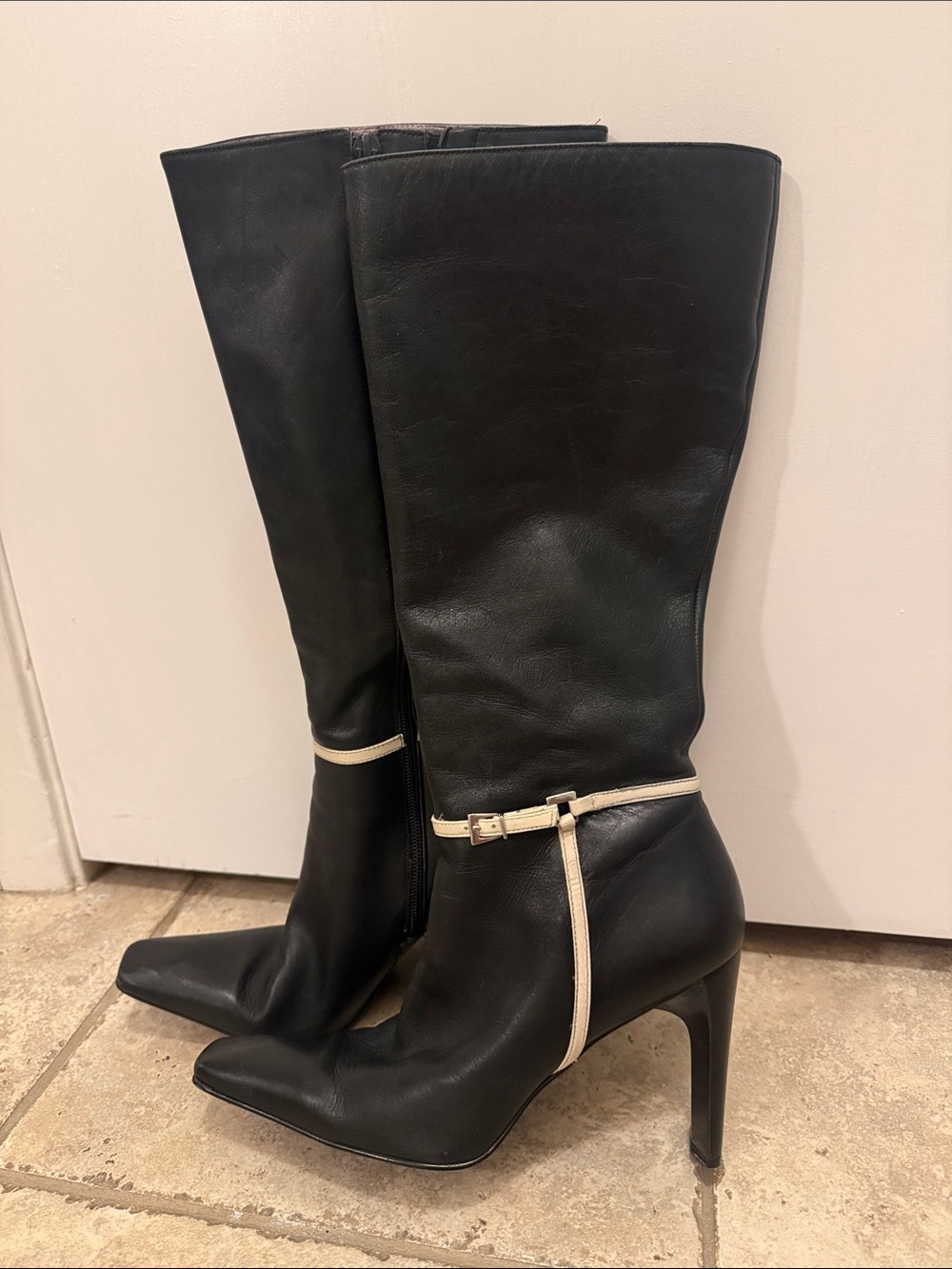 Vintage Nine West Black Knee-High Stiletto Boots with Ivory Trim